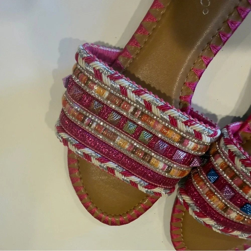 Bamboo Multicolor Beaded Slide Sandals Size 6 / EU 36 Boho Luxe Statement Slides